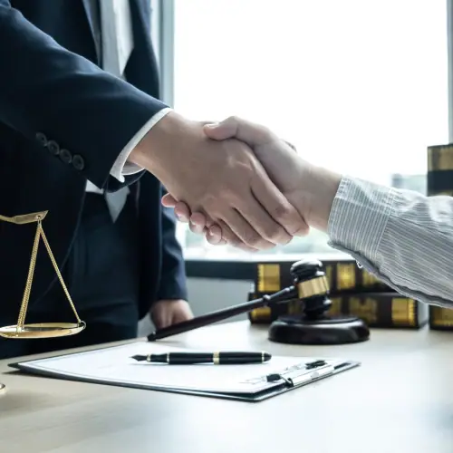 Lawyer shaking hands with a client beside scales of justice