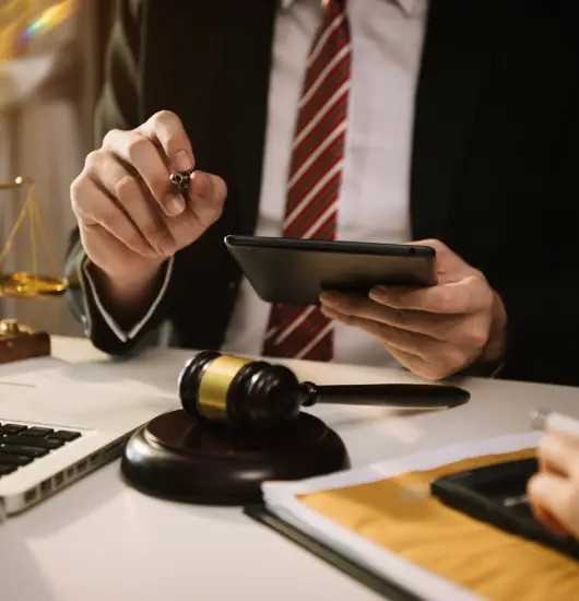 Lawyer reviewing case papers on a tablet beside a gavel