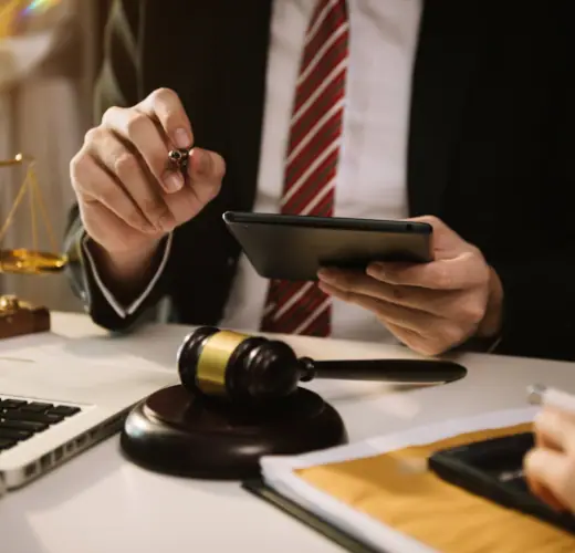 Lawyer reviewing case papers on a tablet beside a gavel
