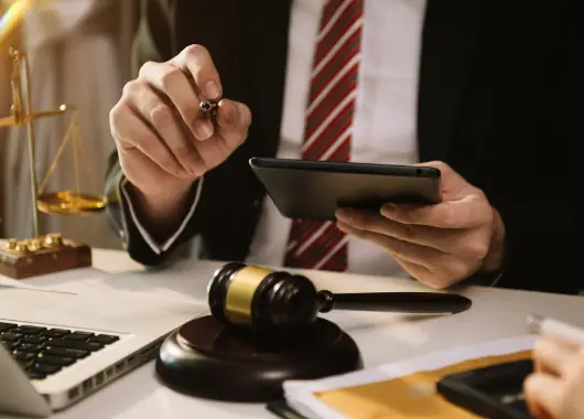 Lawyer reviewing case papers on a tablet beside a gavel