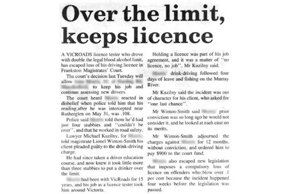 Newspaper report of an MK Law drink driving case