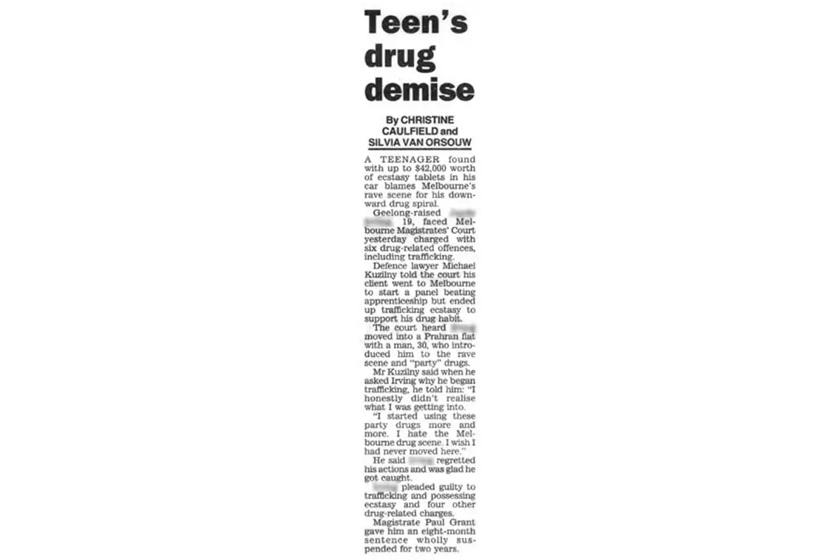 Newspaper report of an MK Law teenage drug case