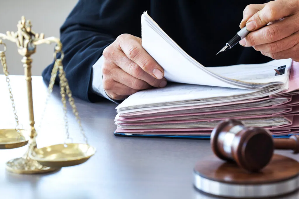 Scales of justice on a lawyer's desk
