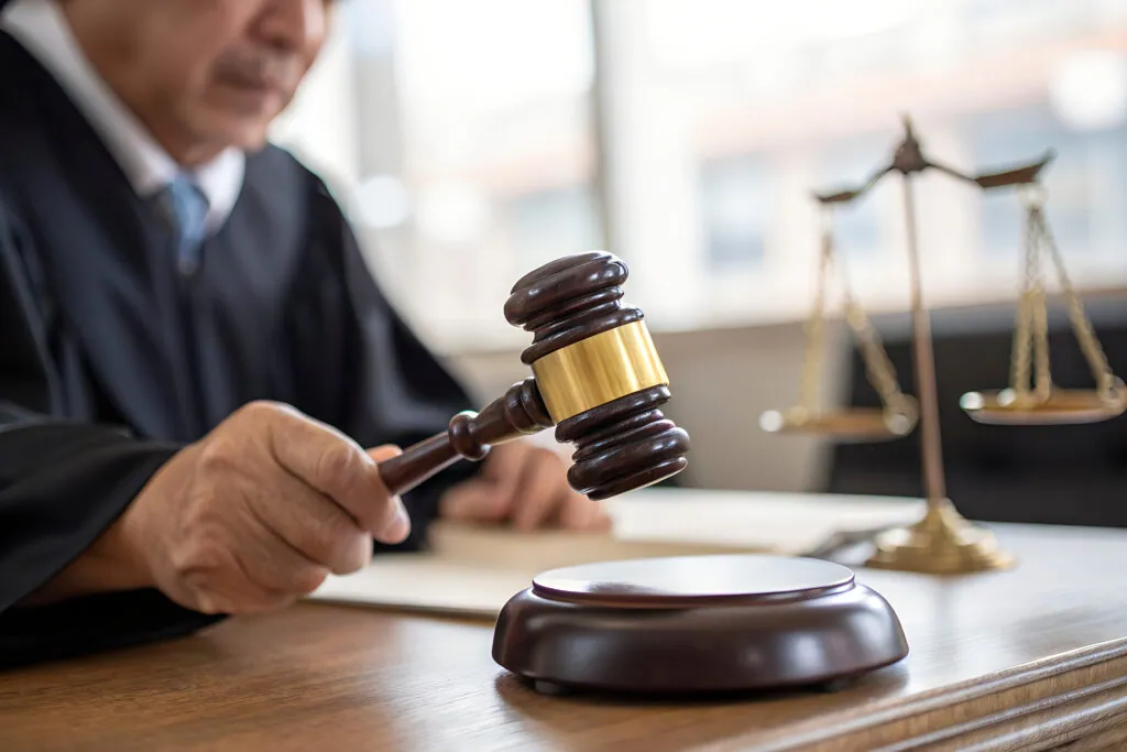 Judge holding a gavel in a courtroom
