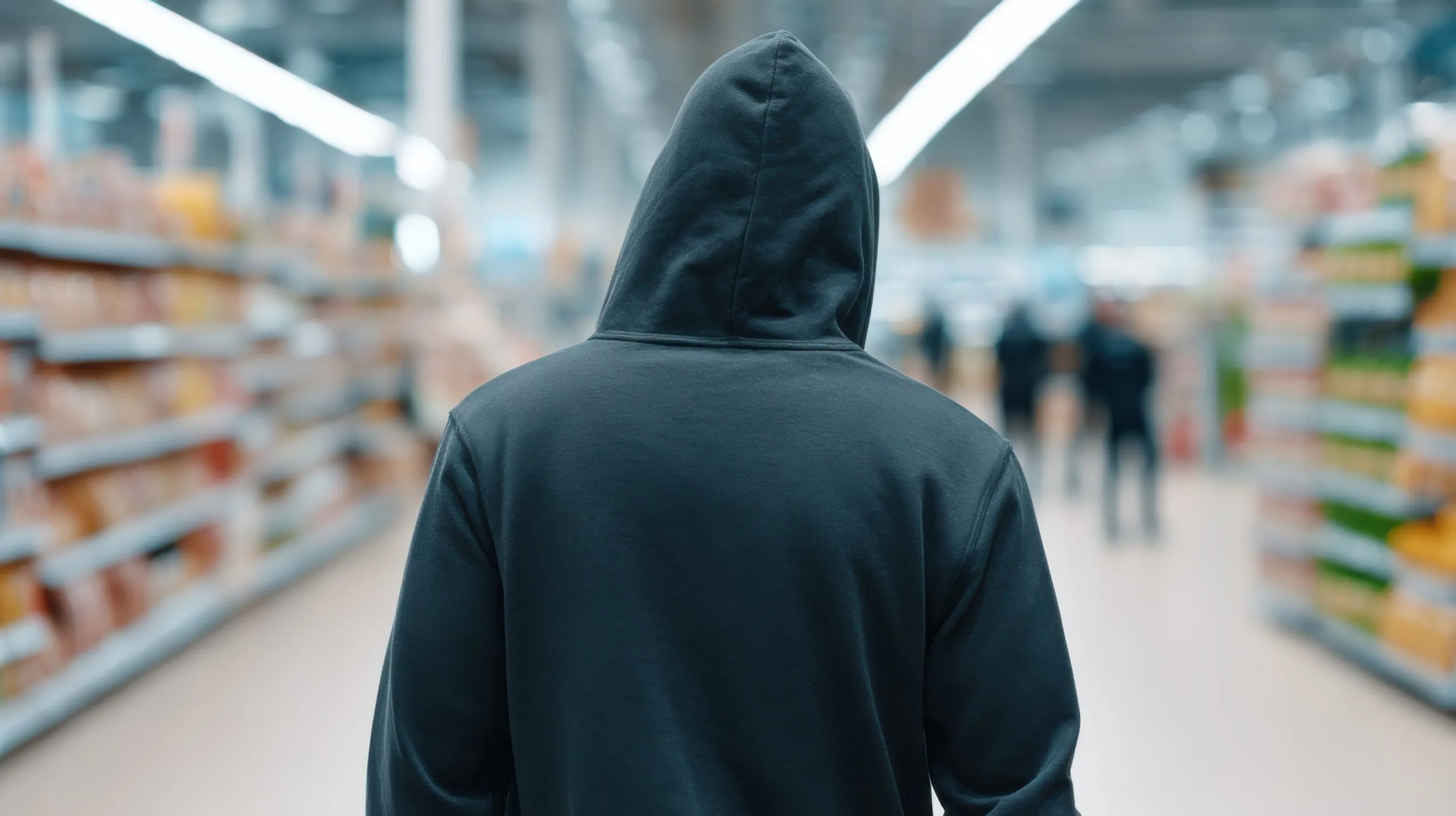 Person in a hooded top walking through a supermarket aisle
