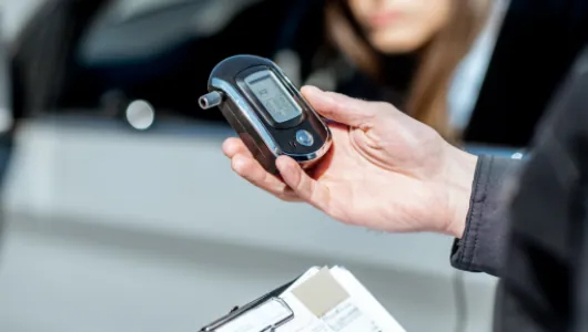 Police officer holding a breath-testing device beside a driver