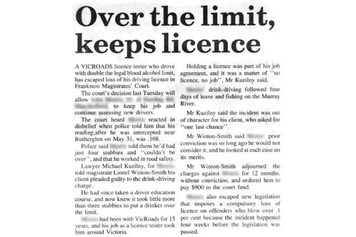 Newspaper report of an MK Law drink driving case
