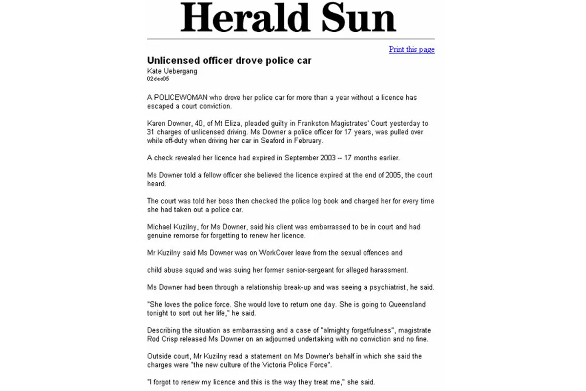 Newspaper report of an MK Law case involving a policewoman