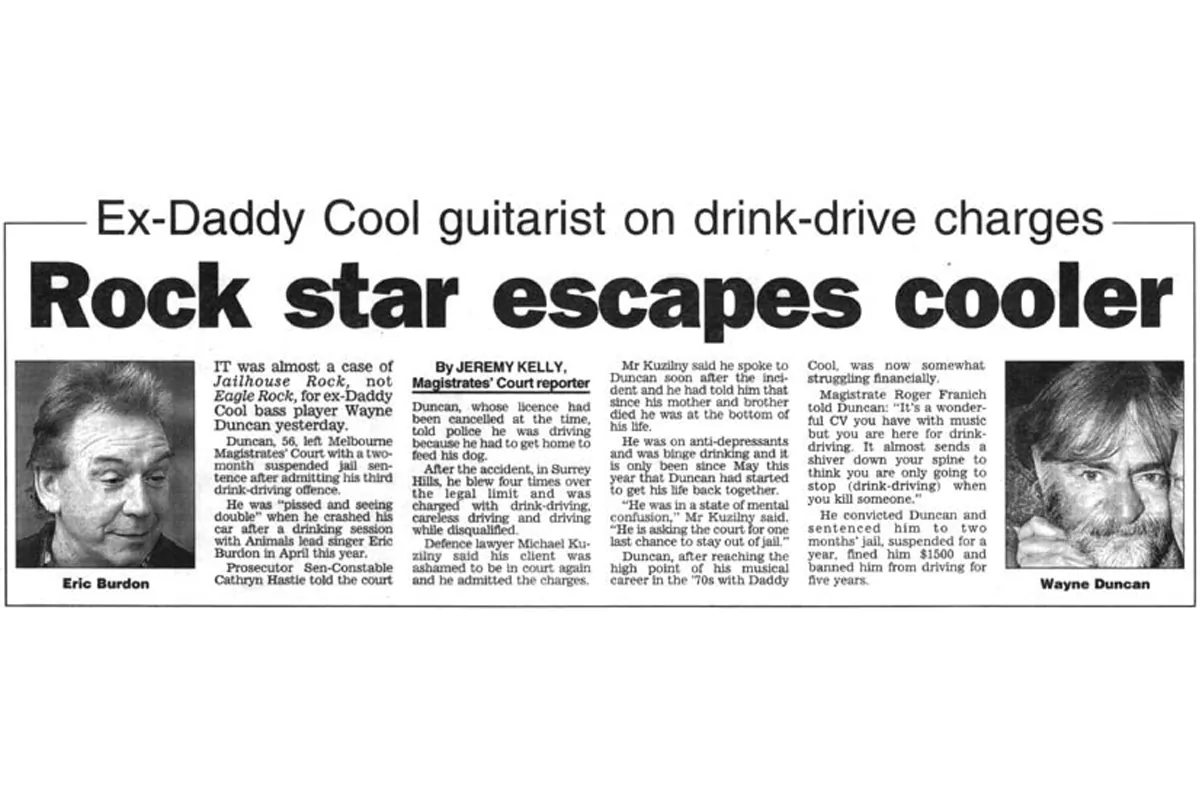 Newspaper report: 'Rock star escapes cooler' — MK Law drink driving case