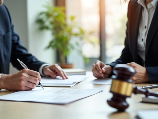Business partners sign legal documents at office desk. Barrister helper checks terms of agreement explains to boss. Collaboration in law firm. Important contract signing. Formal meeting. Legal